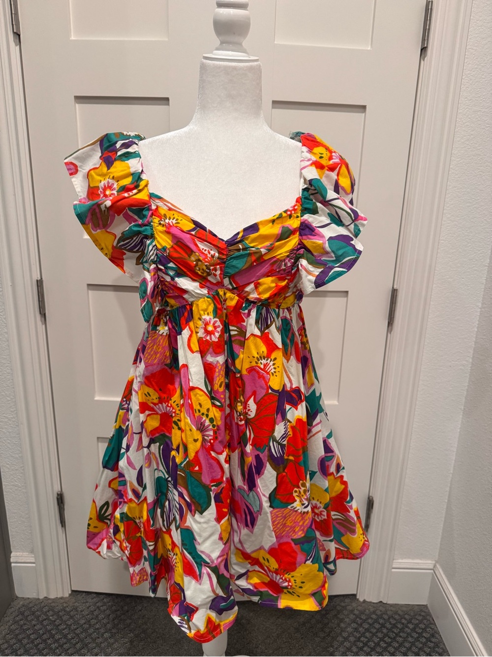 entro Multicolor Floral Puff-Sleeve Sundress - White, Yellow, Red, Green, Purple